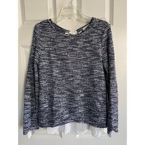 Mello Day Sweater Womens Medium M Ruffle Back Crew Neck Knit Navy Blue White